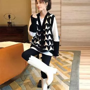 Свитер 2022, кардиган, жилет женский, ромбовидный универсальный шерстяной жилет, верхняя одежда, вязаный кардиган, жилет женский