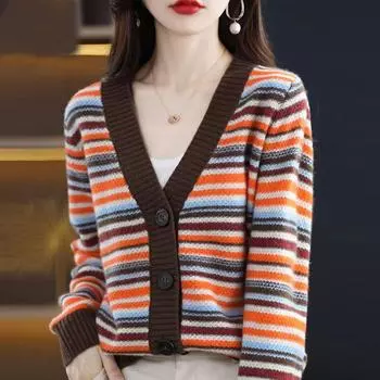 Свитер 2023, осенний кардиган, женский осенний свитер с v-образным вырезом, винтажный полосатый топ, корейский свободный вязаный свитер, кардиган, женское пальто