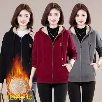 Свитер 2024 года, новая осенне-зимняя бархатная повседневная корейская версия, модная свободная куртка с капюшоном для мам, теплая куртка, замедляющая старение XL бордовый