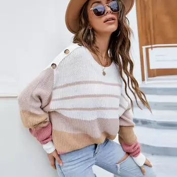 Свитер Attraco, женский новый осенне-зимний свободный полосатый свитер с длинными рукавами, свитер с круглым вырезом