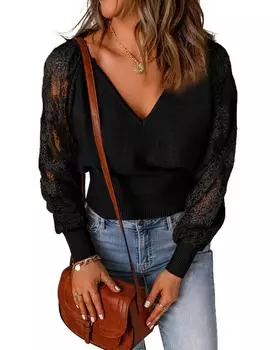 Свитер Azura Exchange с кружевными рукавами и V-образным вырезом L чёрный