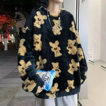Свитер Bears Men s Ins Fashion Осень/Зима Пальто из овечьей шерсти Свободный Индивидуальный Ленивый Стиль Пара Топ M белый