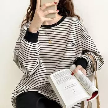 Свитер без капюшона в полоску, женская новинка осень-зима, свободный корейский стиль, ленивый стиль, повседневный, весна-осень, главный тренд S