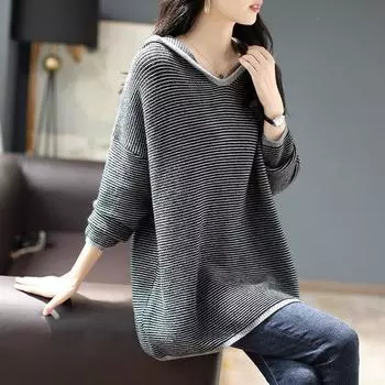 Свитер больших размеров, утепленный женский осенний свободный вязаный свитер в полоску с капюшоном, теплый вязаный свитер, топы M серый