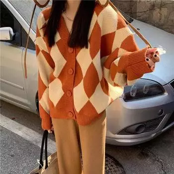 Свитер больших размеров, женский осенний клетчатый кардиган с v-образным вырезом, свободный эластичный удобный вязаный жакет с баской M чёрный