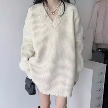 Свитер большого размера с V-образным вырезом для женщин, теплая одежда на осень-зиму, повседневный свободный свитер, топы, винтажный трикотаж в корейском стиле One Size бежевый