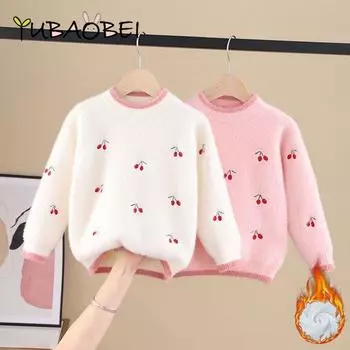 Свитер для девочек, бархатная нижняя рубашка, детская одежда, вязаный свитер, детские свитера 100 белый