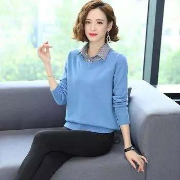 Свитер для женщин осень зима утолщенный пуловер свитер теплый вязаный свитер с длинным рукавом трикотажный поддельный свитер из двух частей топы S красный