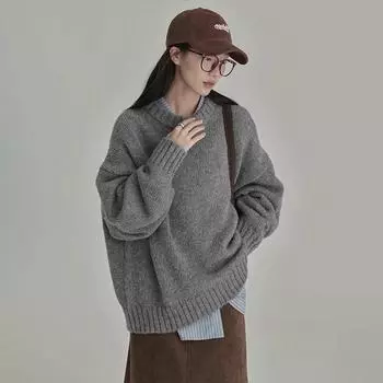 Свитер для женщин осень зима утолщенный пуловер теплый вязаный длинный рукав свободный круглый вырез эластичный свитер S белый