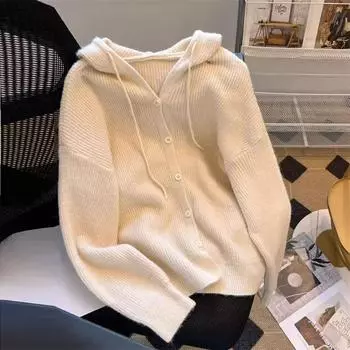 Свитер для женщин осень зима утолщенный пуловер теплый вязаный свитер длинный рукав джемпер с капюшоном свитер оверсайз топы M белый