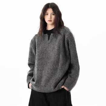 Свитер для женщин осень зима утолщенный пуловер теплый вязаный имитация двух частей длинный рукав джемпер свитер оверсайз топы M чёрный