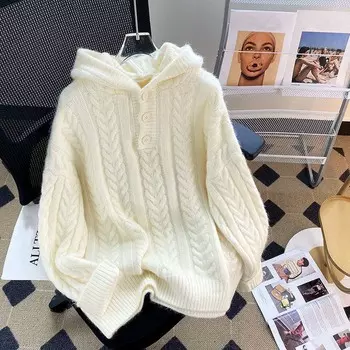 Свитер для женщин осень зима утолщенный пуловер с капюшоном теплый вязаный джемпер оверсайз свитер топы S белый