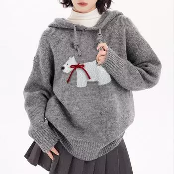 Свитер для женщин осень зима утолщенный пуловер теплый вязаный с капюшоном длинный рукав джемпер свитер оверсайз топы M серый