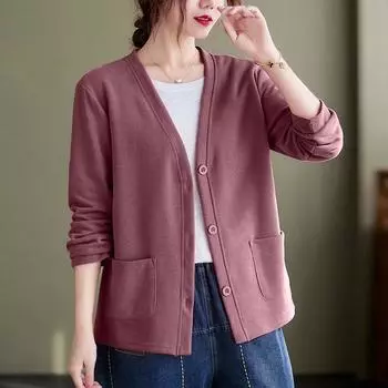 Свитер для женщин, осенний хлопковый вязаный свободный кардиган свободного покроя с V-образным вырезом, женский свободный свитер с длинным рукавом на пуговицах M чёрный