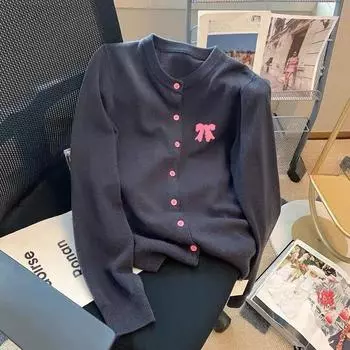 Свитер для женщин с бантом и принтом, женский вязаный кардиган, весенние короткие свитера, маленькие ароматные Mujer, топы с длинными рукавами onesize