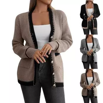 Свитер для женщин свободного кроя с длинным рукавом и пуговицами, верхняя одежда, осенние наряды, модные L чёрный