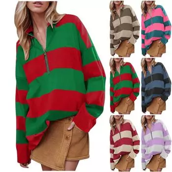 Свитер для женщин, свободный, с длинным рукавом, повседневный, в полоску, осенний, с полумолнией, V-образным вырезом, цветные блоки, пуловер, толстовки, топы L чёрный