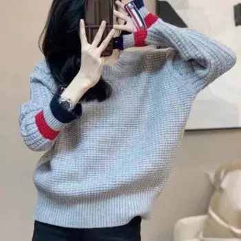 Свитер для женщин Японский ретро ленивый стиль свободный модный универсальный вязаный топ для женщин one size серый