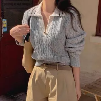 Свитер Idle Sle в японском стиле в стиле ретро с подобранными цветами, с отворотами и длинными рукавами, вязаный осенний женский свитер 2023 года, новый топ S синий