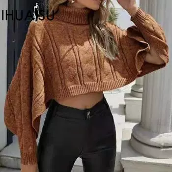 Свитер IHUASU женский с высоким воротом, вязаный свитер, осенне-зимний плащ, маленькая толстовка с капюшоном One size хаки
