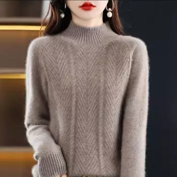 Свитер пуловер женский осенне-зимний полувысокий воротник однотонный повседневный длинный рукав вязаный низ свитера верх One Size зелёный