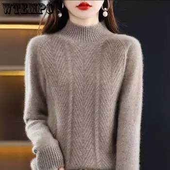 Свитер из чистого кашемира, пуловер, женский осенне-зимний однотонный однотонный свитер с полувысоким воротником и длинным рукавом, вязаный низ, топ One Size верблюд