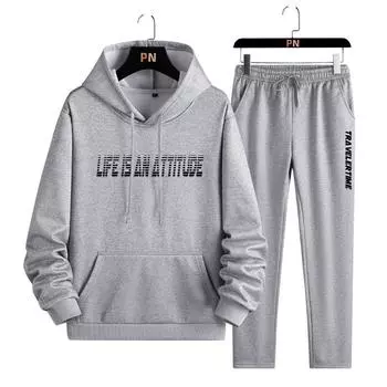 Свитер из двух частей с капюшоном осенью и зимой, флисовый спортивный костюм с длинными рукавами для отдыха, мужской комплект из двух предметов с принтом M