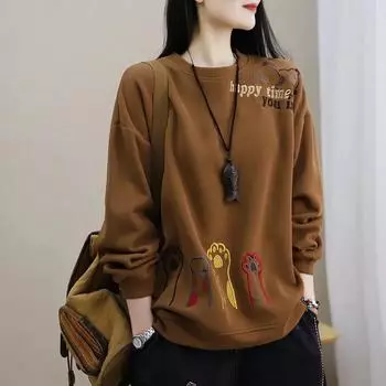 Свитер из хлопка, удобные женские осенние вышитые шею, повседневные модные свободные топы с длинными рукавами, кошачий коготь M серый