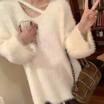 Свитер из искусственной норки, мягкий восковой женский свитер на осень и зиму 2022, повседневный свободный вязаный свитер с длинными рукавами и v-образным вырезом, женский пуловер One Size бежевый