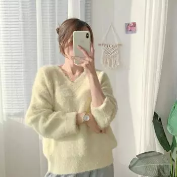 Свитер из искусственной норки, женский пуловер на осень и зиму, новый теплый свободный однотонный пуловер с v-образным вырезом и длинными рукавами, женский топ One Size небесно-голубой