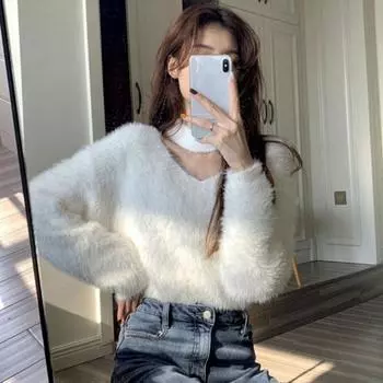 Свитер из норки с висячим вырезом и v-образным вырезом, женский осенне-зимний свободный флисовый трикотаж с имитацией норки, дизайн, пуловер Sense One Size чёрный