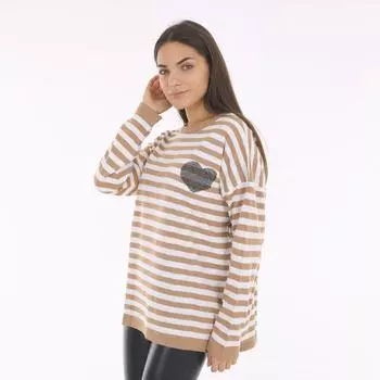 Свитер из тонкого трикотажа в полоску оверсайз с вышивкой в виде сердца