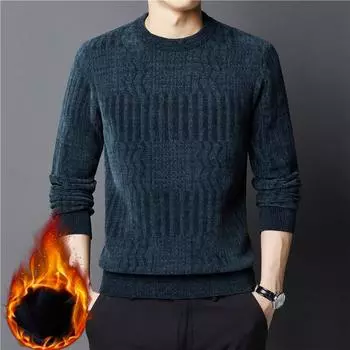 Свитер из жаккарда из шенилла, мужской, зимний, модный, с круглым вырезом, плюс бархатный мужской свитер XXXXL чёрный