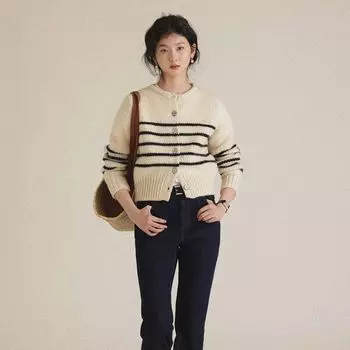 Свитер-кардиган 2023, весна и осень, новый вязаный кардиган с длинными рукавами и круглым вырезом из исландских волос в полоску, пальто для женщин One Size зелёный