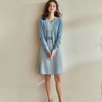 Свитер-кардиган из двух предметов, женский синий модный комплект, весеннее платье, новый свитер-кардиган, платье, комплект из двух предметов, женские топы