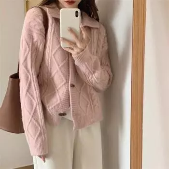 Свитер кардиган модный иностранный стиль осень и зима универсальный новый свободный лацкан роговая пряжка твист вязаный свитер длинный рукав куртка One size светло-желтого