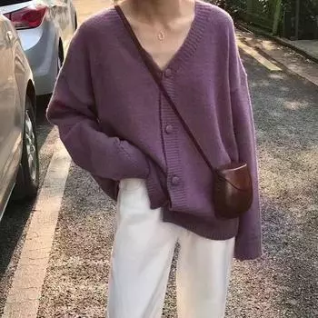 Свитер Кардиган Стиль колледжа Свободный Ленивый Ветер Нежный Отдел Однотонный Трикотажный Жакет Осенние и Зимние Модели Простой Ретро One size красный