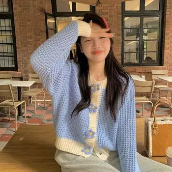 Свитер-кардиган свободный вязаный с объемным цветком женский 2022 осень универсальный и тонкий One Size синий