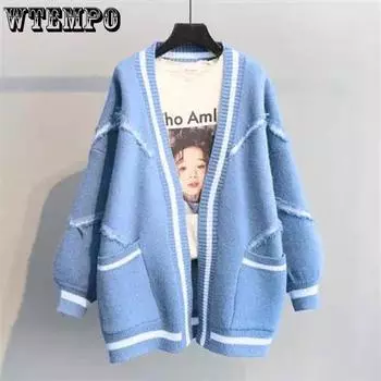 Свитер-кардиган, утолщенная женская куртка средней длины на весну и осень, свободная вязаная куртка в ленивом стиле XXL