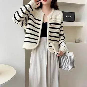 Свитер-кардиган в ленивом стиле, женский осенне-зимний свитер 2023, темпераментный универсальный полосатый вязаный свитер, женский кардиган