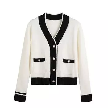 Свитер-кардиган весна-осень 2023, вязаный кардиган для женщин, короткий контрастный жемчужный пуговица, свободное винтажное пальто, топ, женский свитер