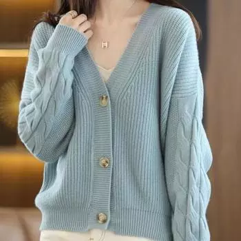Свитер Кардиган Женская куртка с v-образным вырезом Свободный повседневный свитер с длинными рукавами и однотонным верхом с поворотным низом Вязаный кардиган-свитер