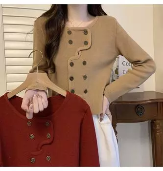 Свитер, кардиган, женская весенняя одежда, нишевый дизайн, французская верхняя одежда, короткий маленький вязаный кардиган, женский топ One Size хаки