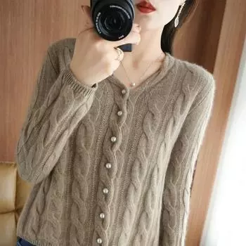Свитер-кардиган женский 2023, обычный шерстяной кардиган с жареным тестом, женский весенний свитер с v-образным вырезом, короткое пальто, женский свитер