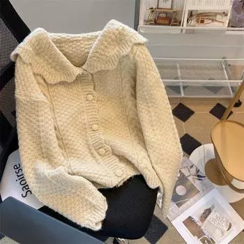 Свитер-кардиган женский дизайн приятный нежный мягкий клейкий вязаный кардиган с темно-синим воротником и пальто для женщин One Size бежевый