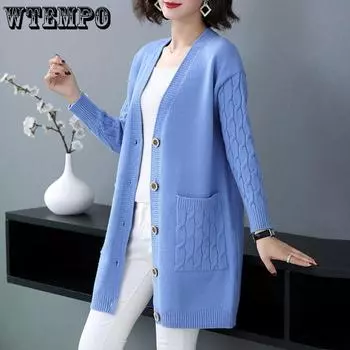 Свитер кардиган женский длинный свободный свитер большого размера пальто на раннюю весну, осень и зиму S верблюд