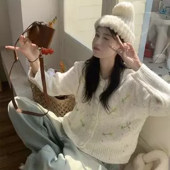 Свитер-кардиган женский, осень-зима 2023, корейский тяжелый промышленный кардиган с вышивкой и круглым вырезом, вязаный кардиган с цветочным принтом, женский топ