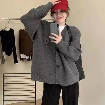 Свитер-кардиган, женский осенне-зимний винтажный свитер с v-образным вырезом, кардиган, пальто, женский универсальный свободный вязаный свитер, верхняя одежда One Size зелёный