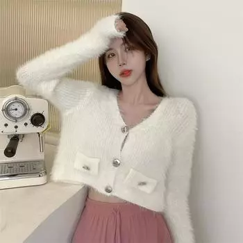 Свитер-кардиган женский осенний корейский маленький ароматный ветер плюшевый короткий свитер пальто с длинным рукавом с v-образным вырезом новый вязаный кардиган женский One Size чёрный