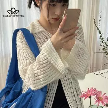 Свитер-кардиган женский ранний весенний ретро японский ленивый вязаный кардиган пальто One Size белый